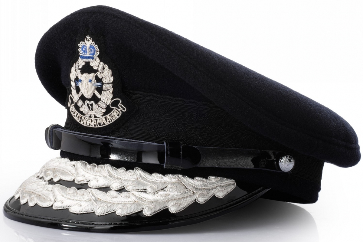 police peak cap with structured crown and black visor