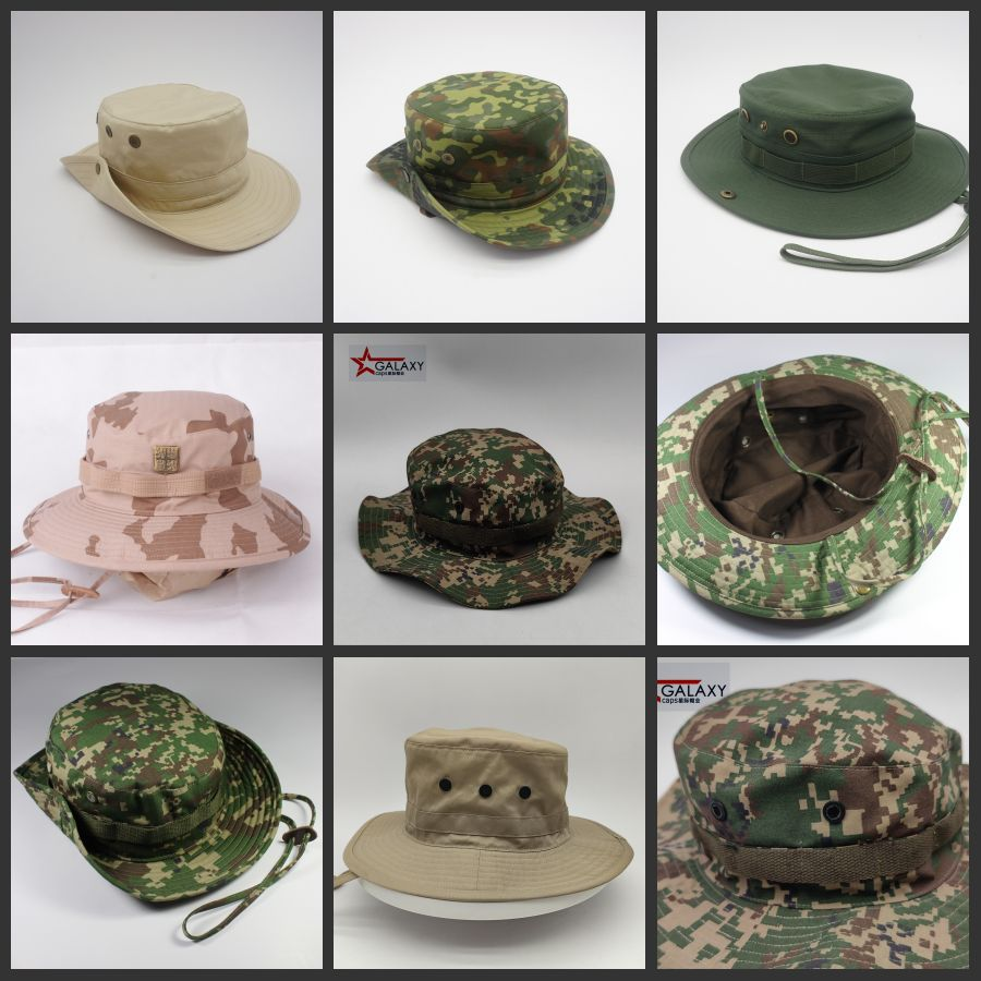 Army boonie hats in camouflage, olive green and khaki with stitched brims, eyelets and chin cords
